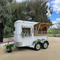 9.8ft White Vintage Horsebox Mobile Bar Trailer for Weddings & Events with Dual Axle & Wooden Serving Window