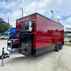 Red and Black Food Trailer with Rear Porch Mobile Kitchen for BBQ, Burgers and Street Food