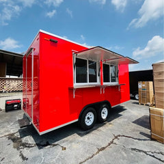 Bright Red Enclosed Food Trailer with Dual Serving Windows - Dual Axle