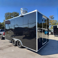 13ft Gloss Black Enclosed Food Trailer with Dual Axle, Front AC Platform & Sliding Glass Windows