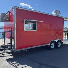 Red Food Trailer with Rear Porch and Serving Window for BBQ, Coffee and Outdoor Events