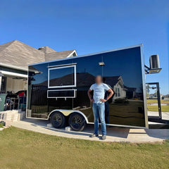 13ft Gloss Black Enclosed Food Trailer with Dual Axle, Front AC Platform & Sliding Glass Windows