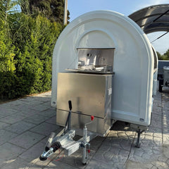 Blue and Cream Teardrop Food Trailer with Large Serving Window for Coffee, Snacks and Desserts