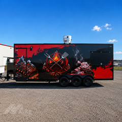 Black Triple Axle Food Trailer with Commercial Kitchen and Restroom for BBQ, Burgers and Street Food