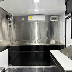 White and Black Food Trailer with Rear Porch Mobile Kitchen for BBQ, Burgers and Street Food