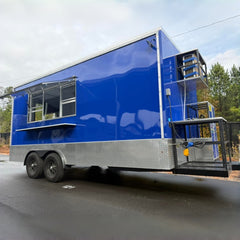 16ft Royal Blue Enclosed Food Trailer with Dual Axle, Wide Diamond Plate Skirt & Front Equipment Platforms