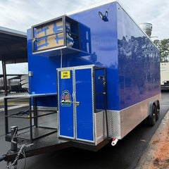 16ft Royal Blue Enclosed Food Trailer with Dual Axle, Wide Diamond Plate Skirt & Front Equipment Platforms