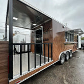 19.6ft Woodgrain Triple Axle Food Trailer for BBQ & Event Catering with Covered Rear Porch & Diamond Plate Deck