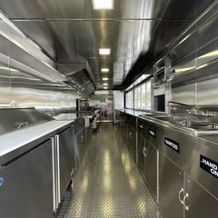 23ft Custom Wrapped Tri-Axle Enclosed Food Trailer for High-Volume Catering with Neon Skyline Design