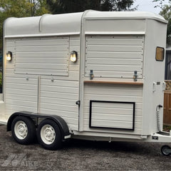 White Vintage Horse Trailer Food Cart with Dual Serving Windows for Coffee, Bakery and Dessert Pop-Ups