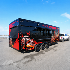 Black Triple Axle Food Trailer with Commercial Kitchen and Restroom for BBQ, Burgers and Street Food