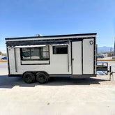 White and Black Food Trailer with Rear Porch Mobile Kitchen for BBQ, Burgers and Street Food