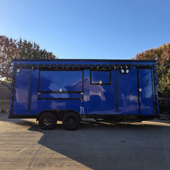16ft Royal Blue Enclosed Food Trailer with Dual Axle, Black Trim & Front AC/Equipment Platform