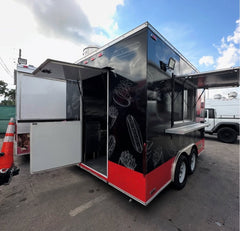 Custom Graphic Black & Red Food Trailer - Fast Food Theme Dual Axle