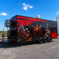 Black Triple Axle Food Trailer with Commercial Kitchen and Restroom for BBQ, Burgers and Street Food