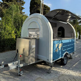 Blue and Cream Teardrop Food Trailer with Large Serving Window for Coffee, Snacks and Desserts