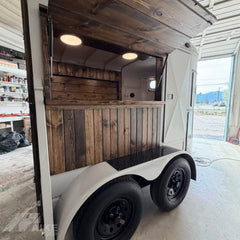 Rustic White Horse Trailer Food Cart with Wood Panels for Coffee, Drinks and Events