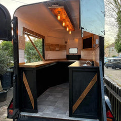 Black Rustic Horse Trailer Food Cart with Wood Interior for Coffee and Outdoor Events