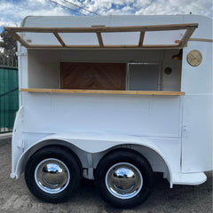 White Vintage Horse Trailer Bar with Wood Counter for Weddings, Coffee and Event Catering