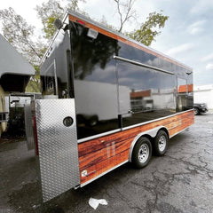 13.1ft Black & Woodgrain Enclosed Food Trailer for BBQ & Event Catering with Dual Axle & Front Generator Box