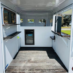 Vintage White Horse Trailer-Style Dual-Axle Food Cart with Copper Accents
