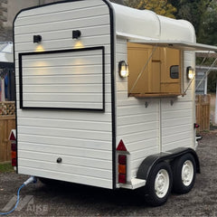 White Vintage Horse Trailer Food Cart with Dual Serving Windows for Coffee, Bakery and Dessert Pop-Ups
