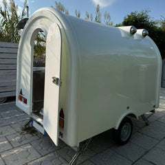 Blue and Cream Teardrop Food Trailer with Large Serving Window for Coffee, Snacks and Desserts
