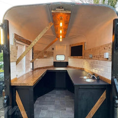 Black Rustic Horse Trailer Food Cart with Wood Interior for Coffee and Outdoor Events