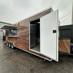 19.6ft Woodgrain Triple Axle Food Trailer for BBQ & Event Catering with Covered Rear Porch & Diamond Plate Deck