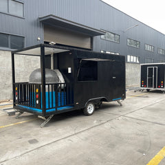 Black Mobile Pizzeria Trailer - Wood-Fired Oven Porch