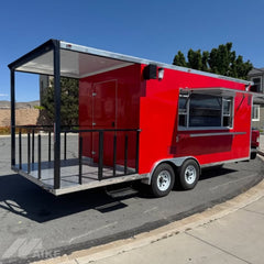 Red Food Trailer with Rear Porch and Serving Window for BBQ, Coffee and Outdoor Events