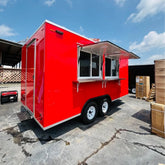 Bright Red Enclosed Food Trailer with Dual Serving Windows - Dual Axle