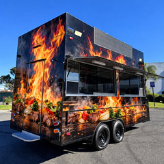 Black Flame Wrap Food Trailer with Commercial Kitchen for BBQ, Burgers and Street Food