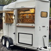 White Vintage Horse Trailer Food Cart with Dual Serving Windows for Coffee, Bakery and Dessert Pop-Ups