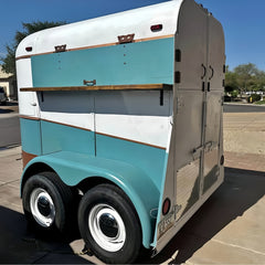 9.8ft Teal & White Vintage Horsebox Mobile Bar Trailer for Weddings with Dual Axle & Wooden Counter
