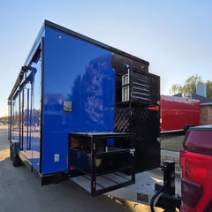 16ft Royal Blue Enclosed Food Trailer with Dual Axle, Black Trim & Front AC/Equipment Platform