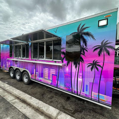 23ft Custom Wrapped Tri-Axle Enclosed Food Trailer for High-Volume Catering with Neon Skyline Design