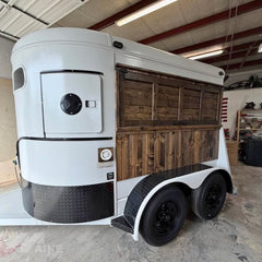 Rustic White Horse Trailer Food Cart with Wood Panels for Coffee, Drinks and Events