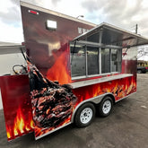 13.1ft Custom Wrapped BBQ Food Trailer with Flame & Steak Graphics, Dual Axle & Front Platform
