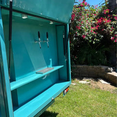10ft Teal Vintage Tricycle Mobile Bar Cart with 4 Beer Taps & Glass Doors