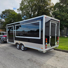 Black Double Axle Food Trailer with Rotisserie Oven, Glass Display Counter and Commercial Kitchen