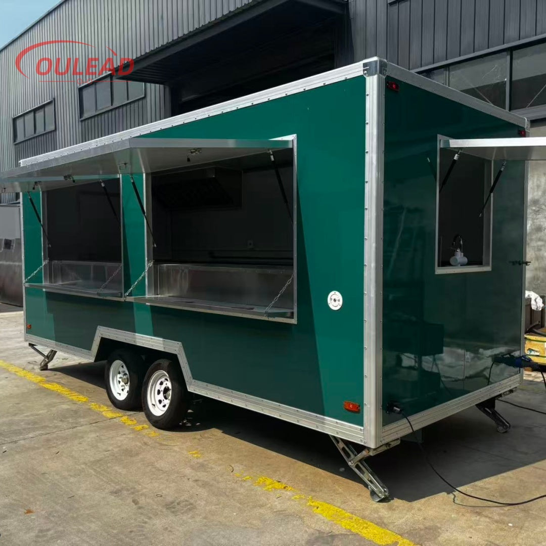 Dark Green Double Axle Food Trailer with Dual Serving Windows for BBQ, Burgers and Street Food