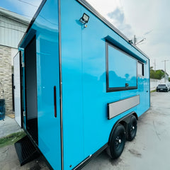 Bright blue Dual-Axle Food Trailer with Expanded Service Platform