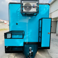 Bright blue Dual-Axle Food Trailer with Expanded Service Platform