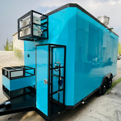 Bright blue Dual-Axle Food Trailer with Expanded Service Platform