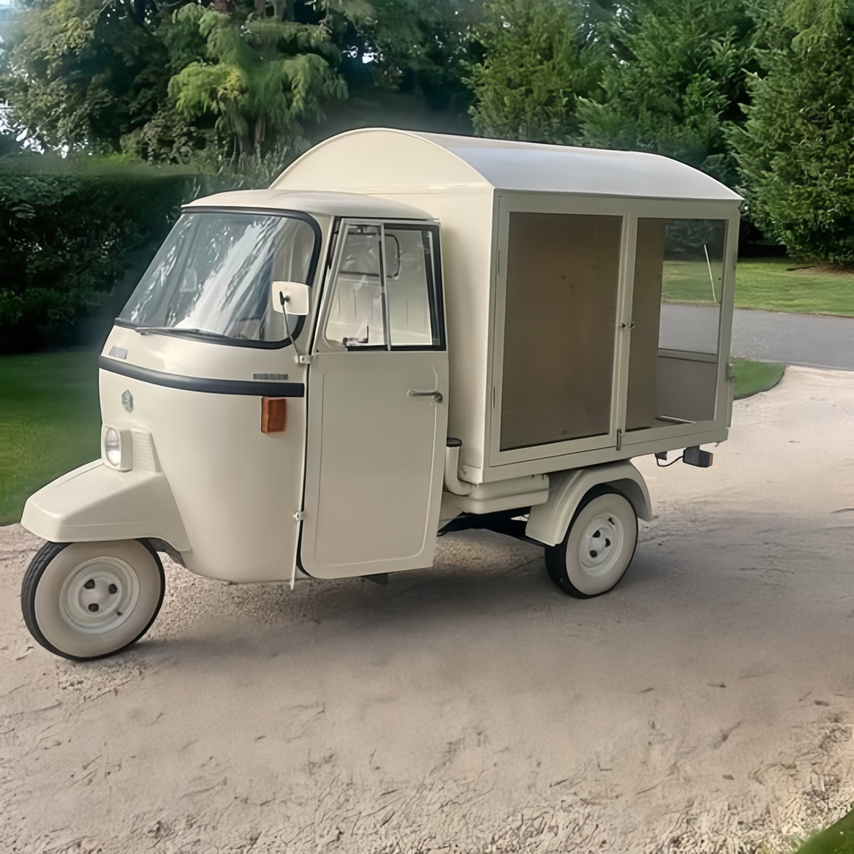 Vintage Cream Three-Wheeled Food Cart with Transparent Display Section
