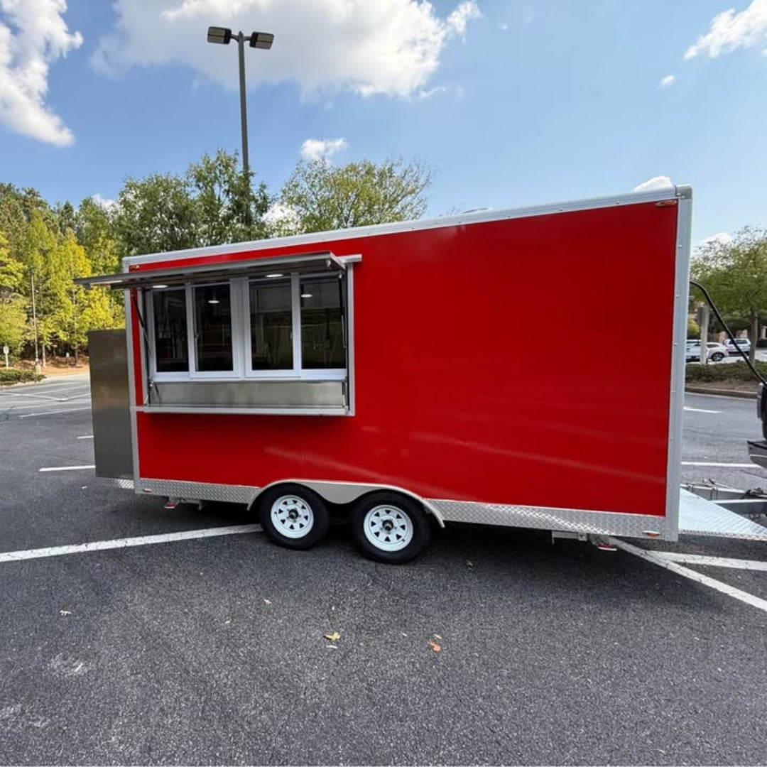 13ft Bright Red Enclosed Food Trailer with Dual Axle, Serving Window & Diamond Plate Trim