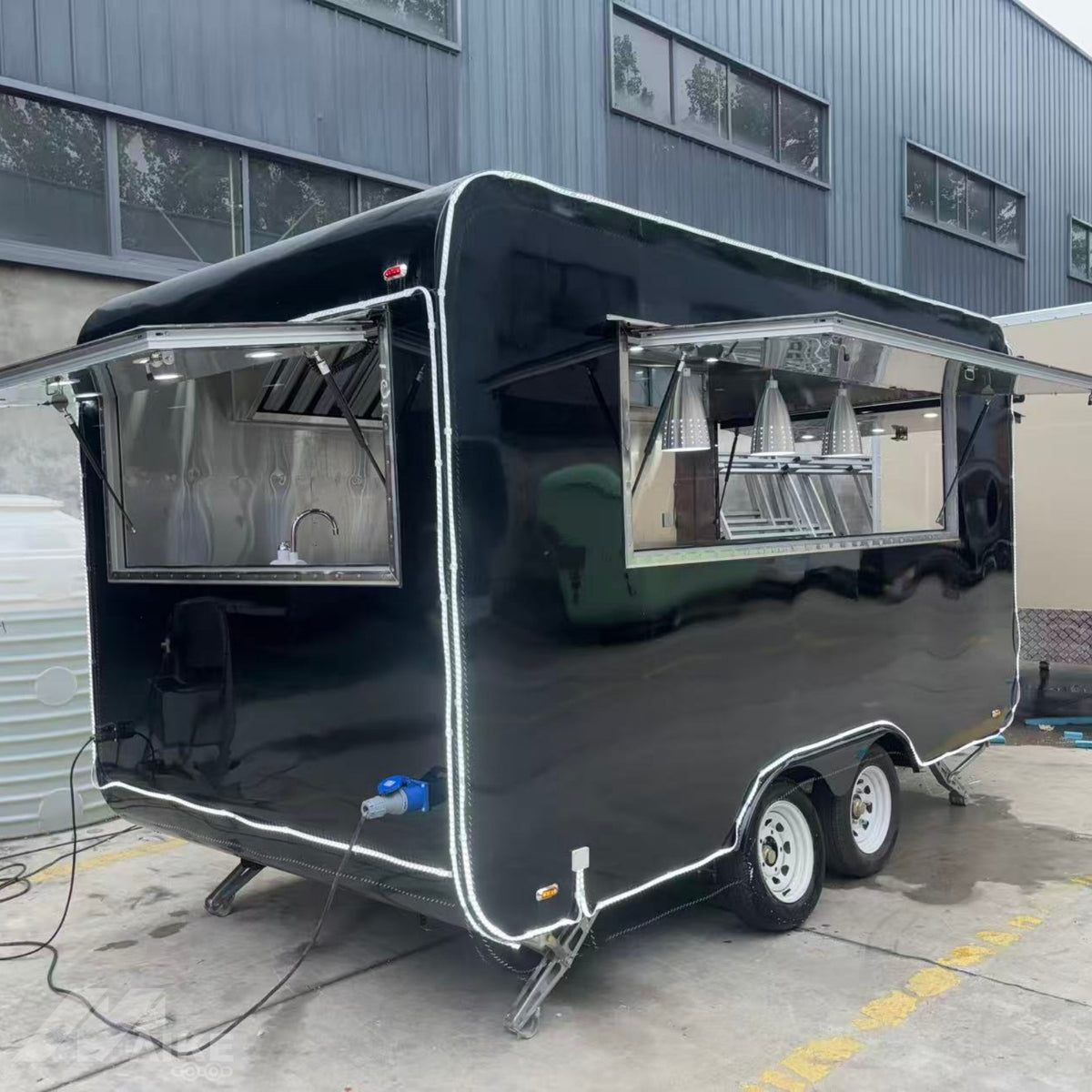 13ft Gloss Black Retro Dual Axle Food Trailer with LED Edge Lighting & Exhaust Hood