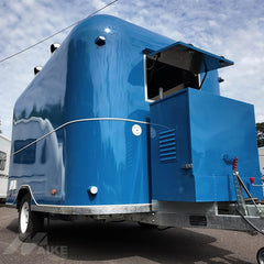 Blue Rounded Food Trailer with Dual Serving Windows for Coffee, Snacks and Street Food