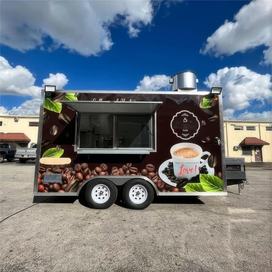13.1ft Custom Wrapped Enclosed Food Trailer for Mobile Coffee Cafe with Dual Axle & Roof Exhaust Fan